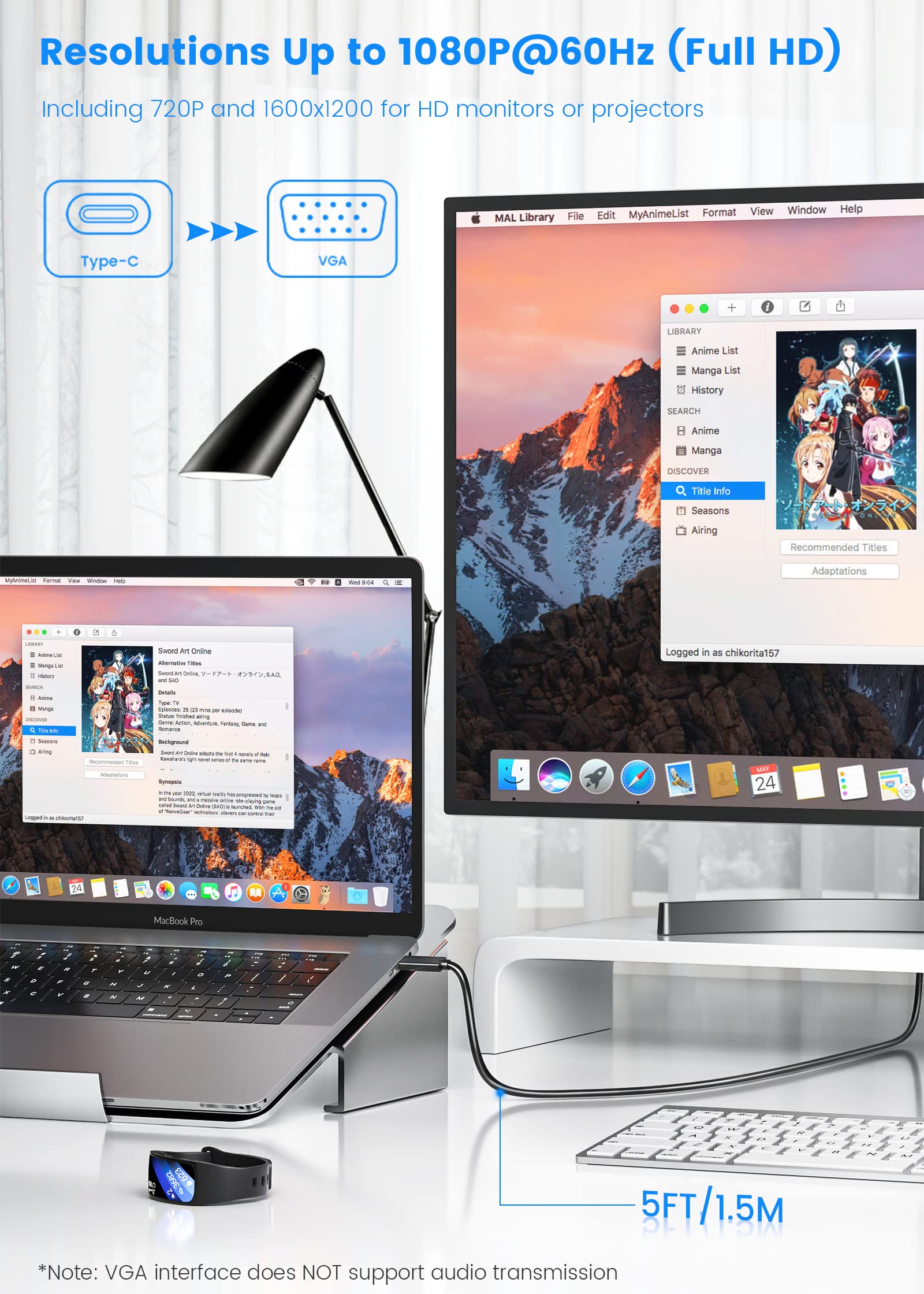 Usb C To Vga Cable 5Ft, Type C To Vga Cable Compatible With Thunderbolt 3 For Macbook Pro, Samsung Galaxy, Dell Xps 13/15, Lenov